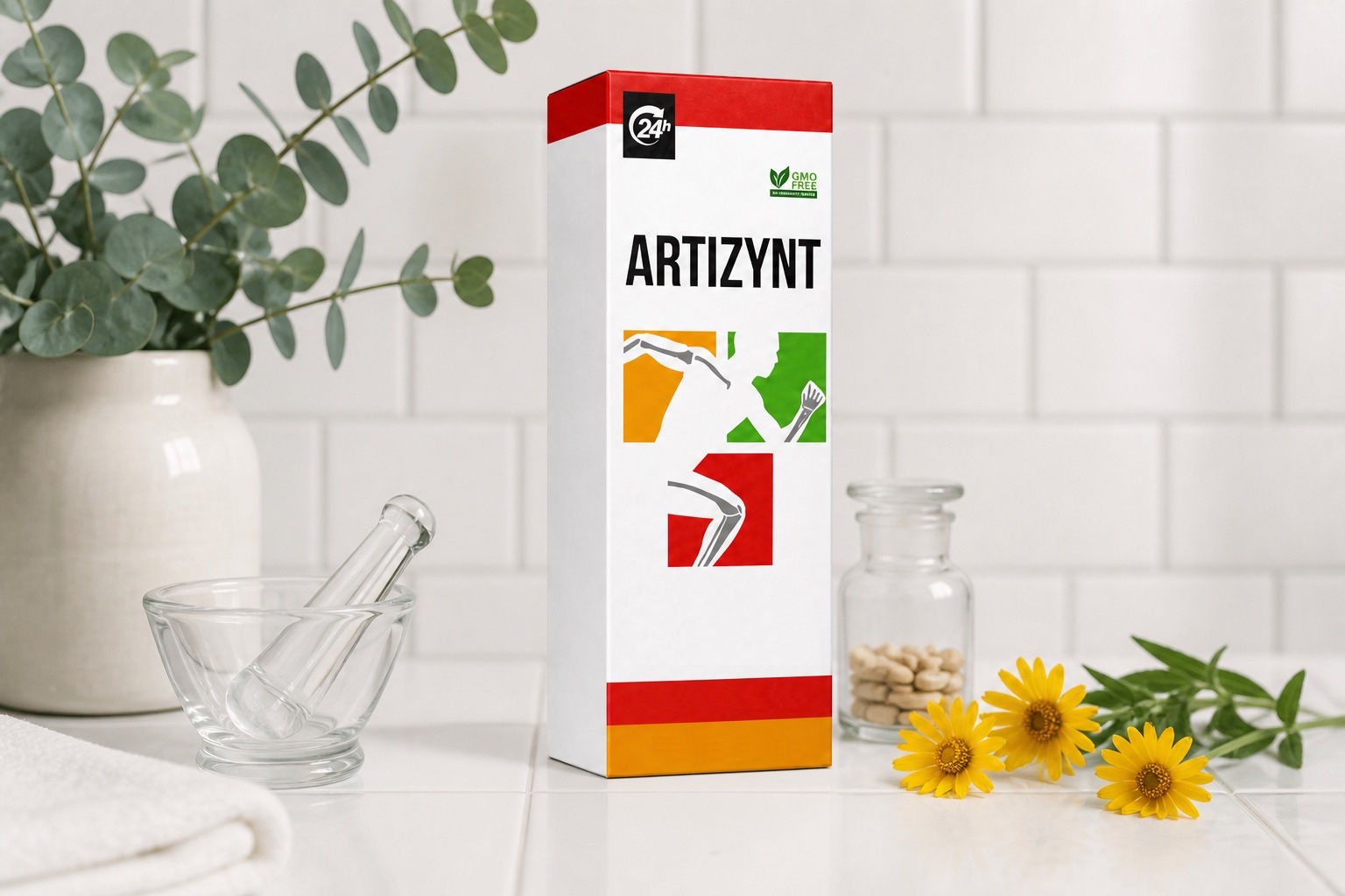 Kartón ArtiZynt na bielych dlaždiciach s eukalyptom a arnikou